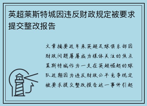 英超莱斯特城因违反财政规定被要求提交整改报告