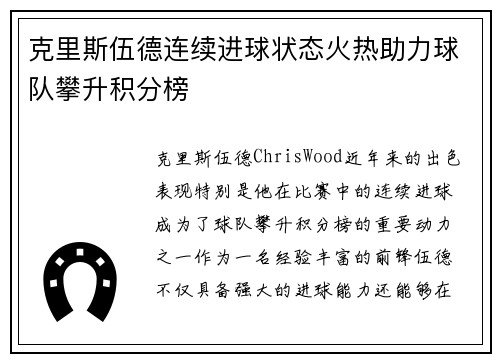 克里斯伍德连续进球状态火热助力球队攀升积分榜